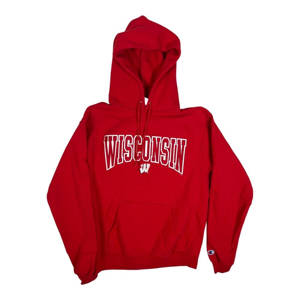 Vintage Wisconsin Badgers Hoodie Sweatshirt Mens Medium Red Champion Spell Out